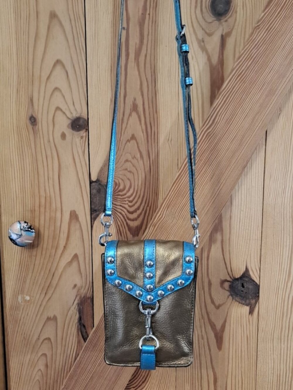 Hand Painted Metallic Bronze Crossbody Phone Bag with Turquoise Trim - Picture 3 of 14